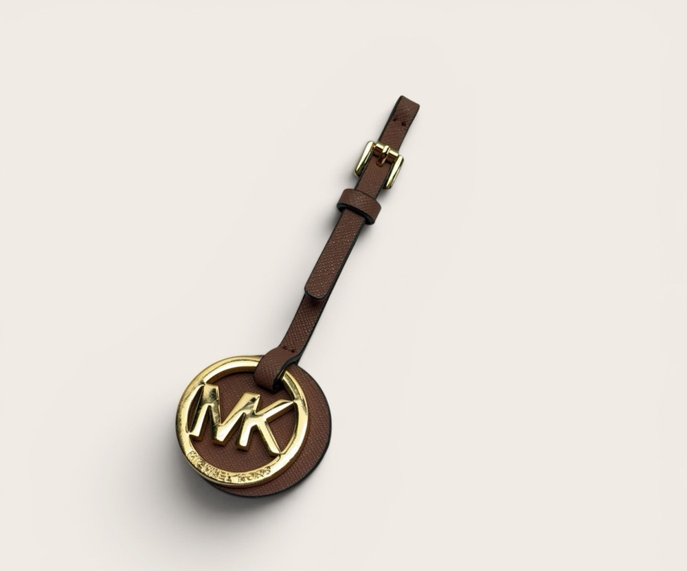 Michael Kors MK Logo Bag Charm Keychain Dark Mauve Leather Gold Tone Hang Tag